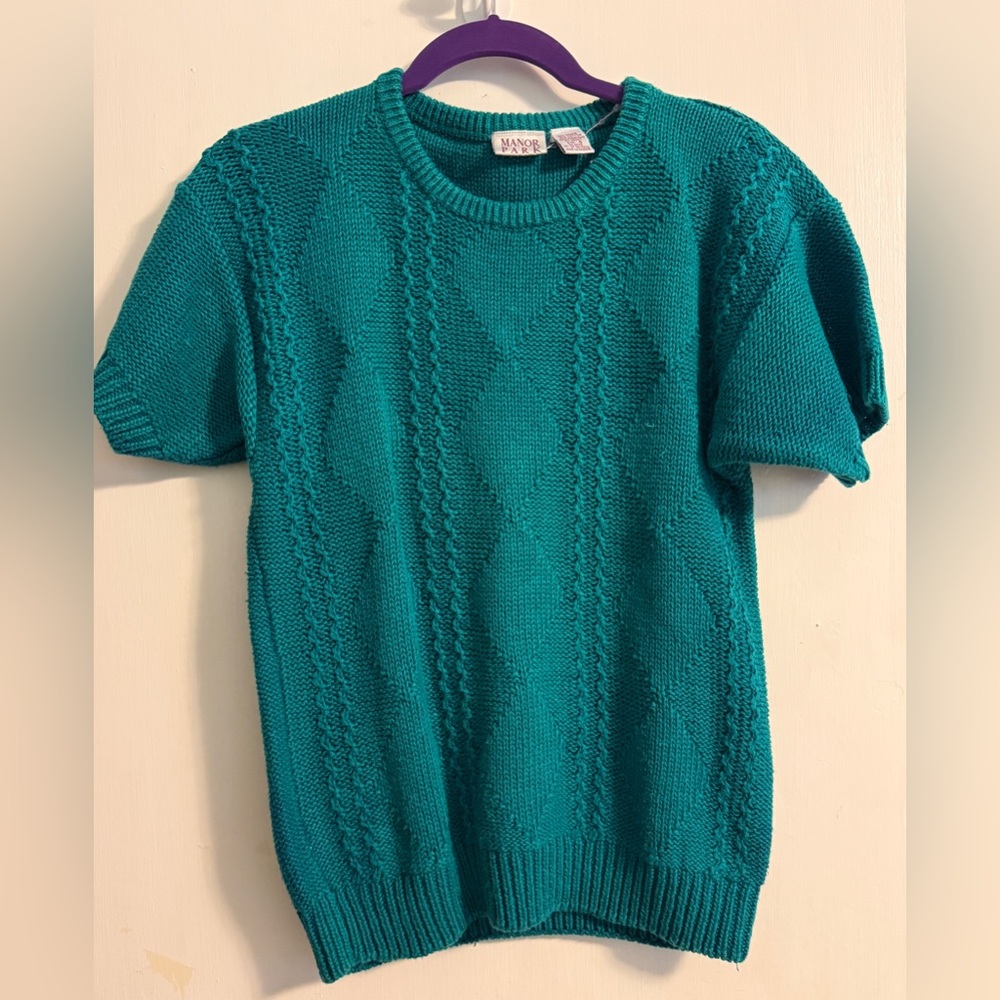 Vintage Manor Park - Teal Green Diamond Knit Short Sleeved Sweater